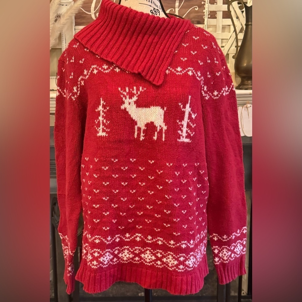 Eddie Bauer Fair Isle Red Christmas Holiday Sweater XXL Cowl Neck Lambswool